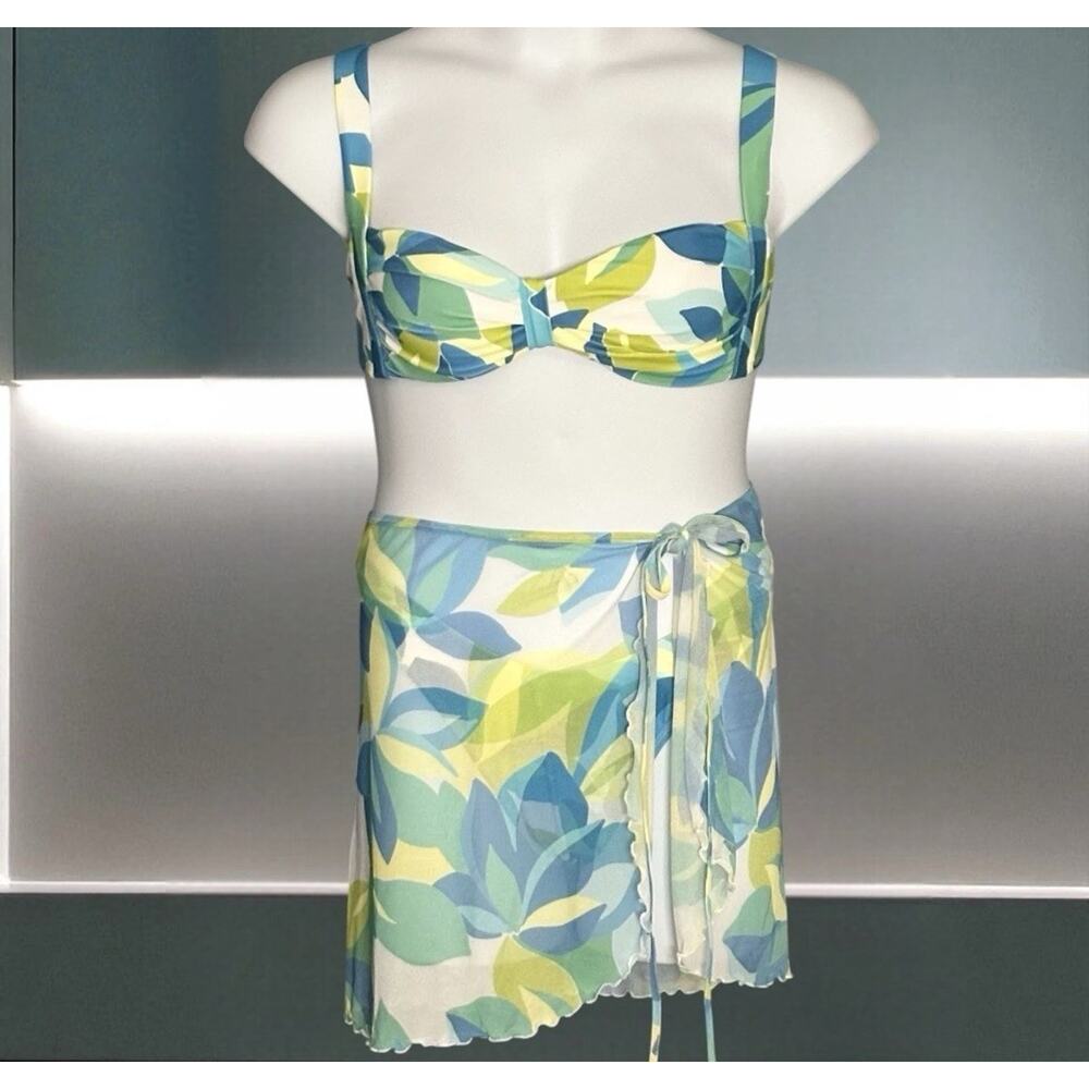 Jessica Simpson Bikini Swimsuit Sz Large 3 Piece Tropical Blue Green Cheeky NWOT